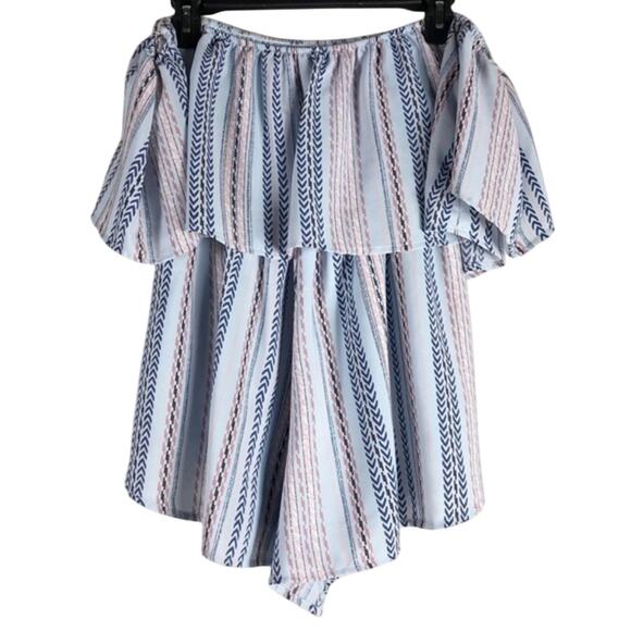 Sage Off the Shoulder Romper Womens L Blue Striped Ruffle Boho Coastal Cowgirl - Picture 4 of 6